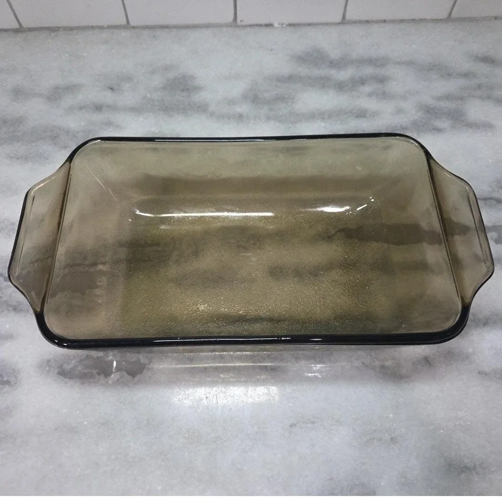 Glasbake Jeanette Smoke Casserole Dish, Vtg‎ Yellow Daisies Design, Kitchenware